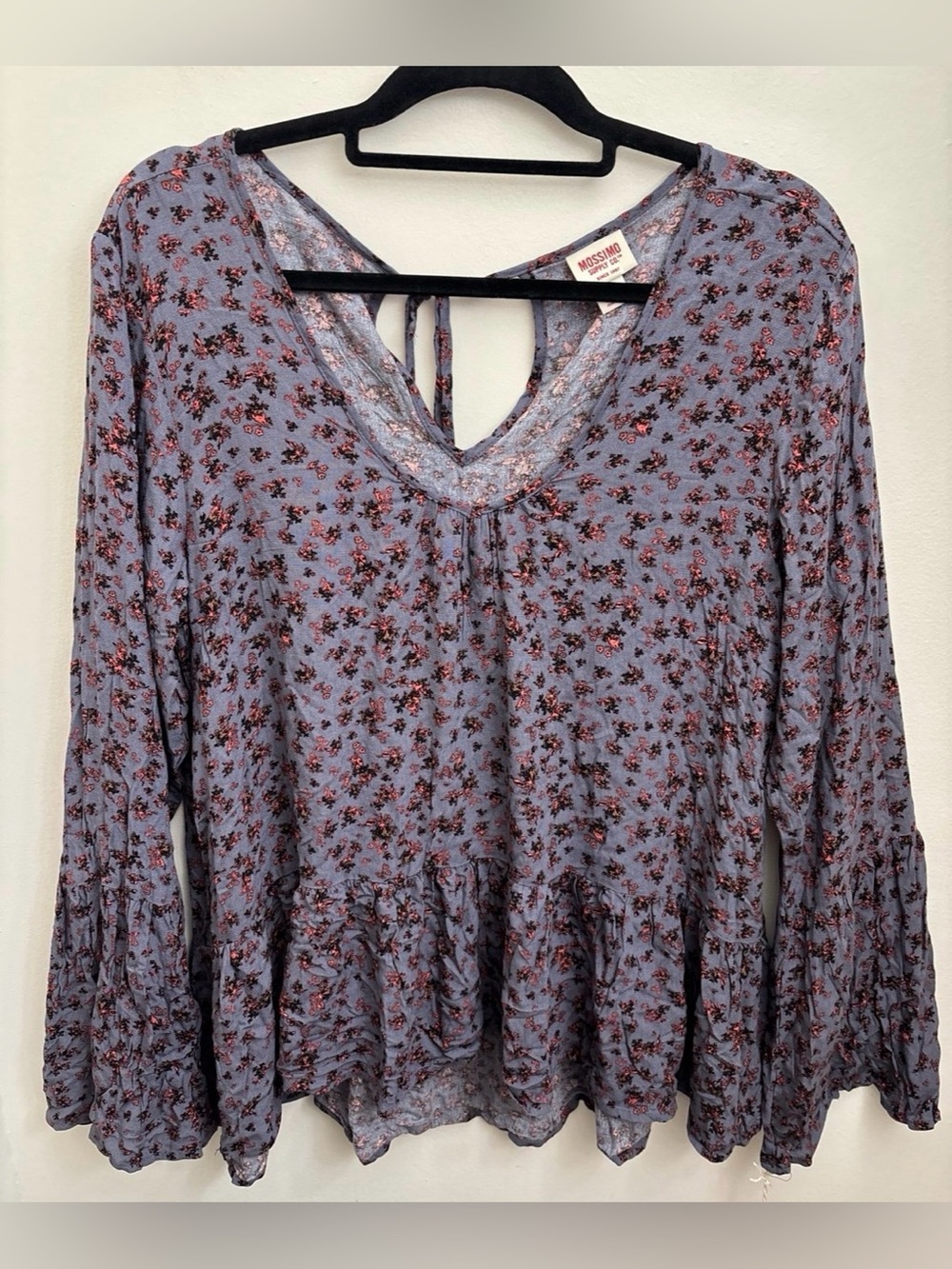 Mossimo Supply Co. Purple Floral Peplum Blouse with Tie Back